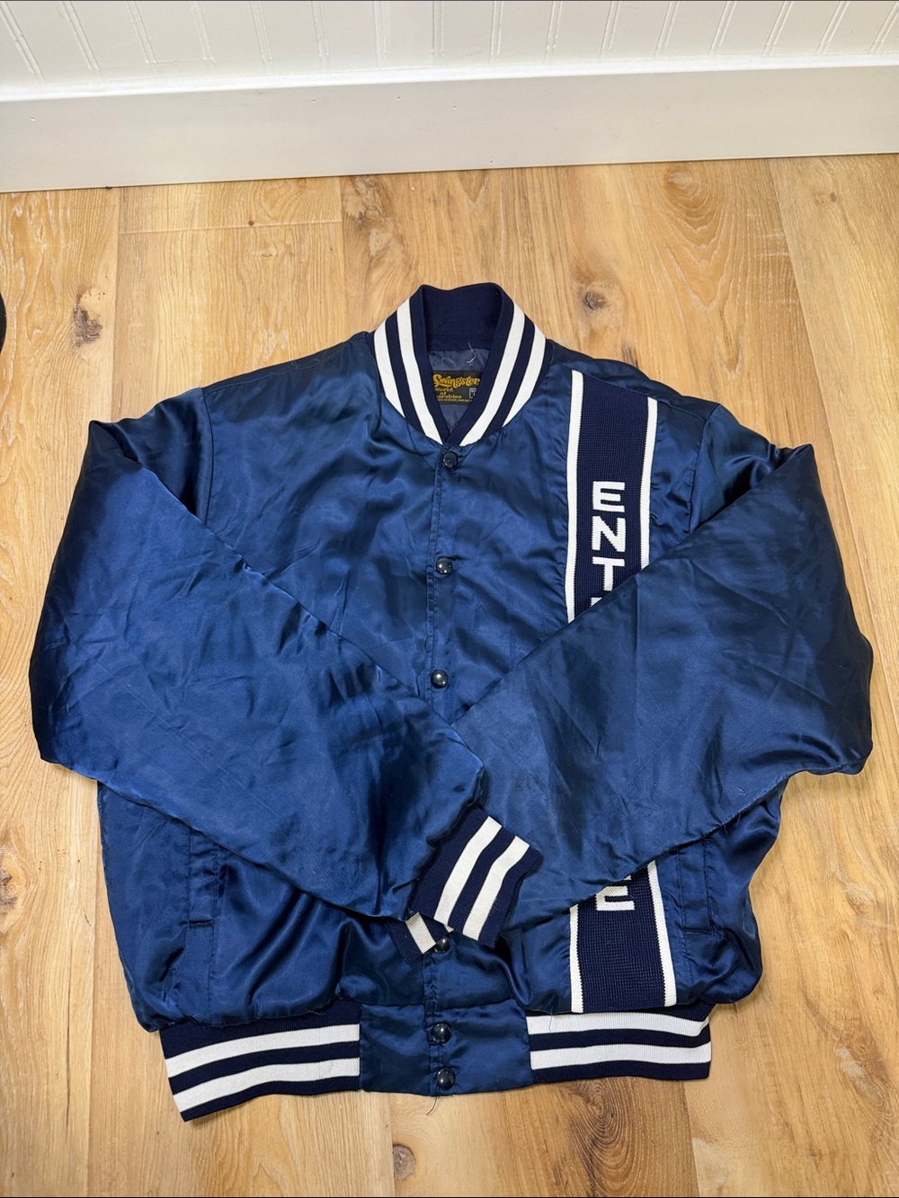 Navy Satin Bomber Jacket with Contrast Stripes by Swingster size large